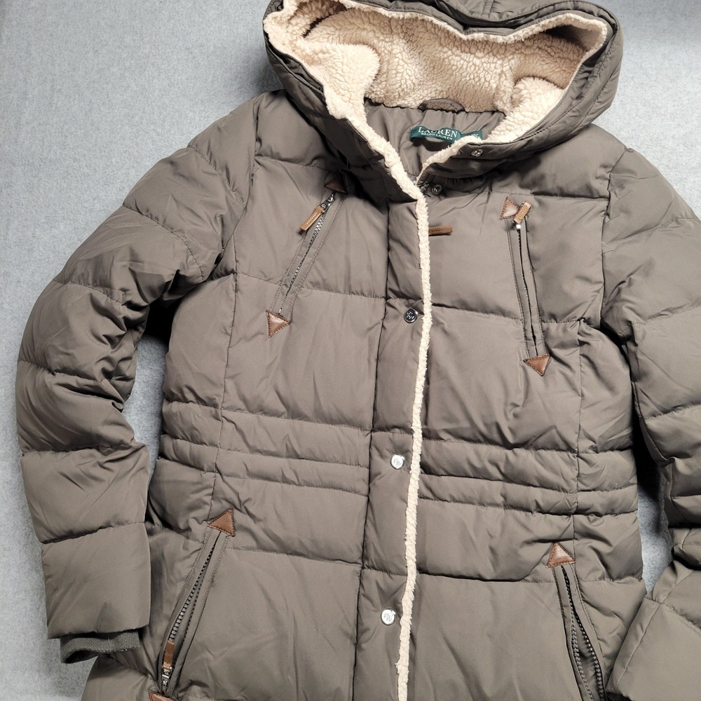 Lauren Ralph‎ Lauren Brown Sherpa Lined Puffer Coat Hooded Quilted Parka Small